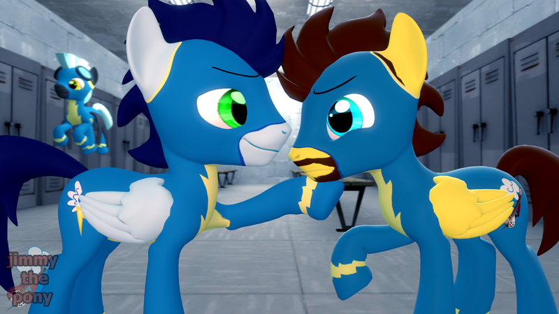 Size: 1280x720 | Tagged: safe, artist:sky chaser, derpibooru import, soarin', thunderlane, oc, oc:sky chaser, pegasus, pony, 3d, beard, canon x oc, clothes, facial hair, locker room, shipping, source filmmaker, uniform, wonderbolts, wonderbolts uniform