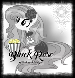 Size: 1005x1042 | Tagged: safe, artist:beikiart, derpibooru import, oc, oc:black rose (ice1517), unofficial characters only, earth pony, pony, bag, clothes, dress, female, flower, flower in hair, food, mare, monochrome, popcorn, rose, sitting, solo