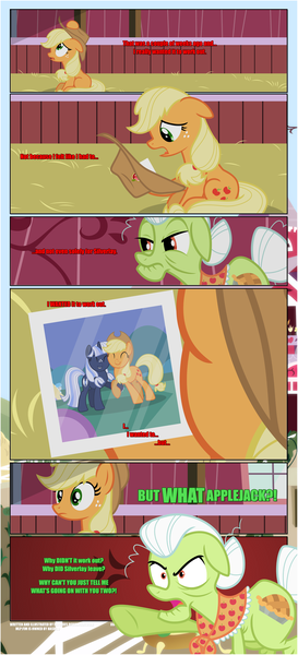 Size: 1919x4225 | Tagged: safe, artist:estories, derpibooru import, applejack, granny smith, oc, oc:silverlay, earth pony, pony, unicorn, comic:a(pple)ffection, applejack's hat, comic, cowboy hat, hat, photo