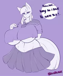 Size: 2500x3000 | Tagged: abs, anthro, artist:gin-blade, belly button, big breasts, blushing, boulder (pet), breasts, busty maud pie, clothes, derpibooru import, dialogue, female, huge breasts, impossibly large breasts, maud pie, midriff, monochrome, pleated skirt, school uniform, shirt, skirt, solo, solo female, suggestive, underboob