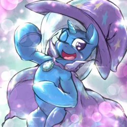 Size: 1536x1536 | Tagged: safe, artist:kurogewapony, derpibooru import, trixie, pony, unicorn, blushing, cape, clothes, cute, diatrixes, female, hat, one eye closed, open mouth, trixie's cape, trixie's hat