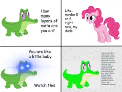 Size: 960x720 | Tagged: safe, derpibooru import, edit, editor:countcoltnackh, gummy, pinkie pie, alligator, earth pony, pony, slice of life (episode), 1000 years in photoshop, caption, comic sans, copypasta, deep fried meme, existential crisis, exploitable meme, four panel meme, gummy the deep thinker, image macro, lens flare, meme, meta, monologue, shitposting, simple background, surreal meme, talking, text, vector, what am i doing with my life..., what is life, white background