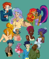Size: 3000x3600 | Tagged: suggestive, artist:heyerika, derpibooru import, adagio dazzle, princess celestia, rarity, sci-twi, soarin', somnambula, stygian, sunburst, sunset shimmer, sweetie belle, tempest shadow, thunderlane, twilight sparkle, human, equestria girls, alternate hairstyle, barefoot, belt, blue background, blushing, book, breasts, bunset shimmer, butt, clothes, converse, dark skin, ear piercing, earring, eyebrow piercing, eyeshadow, feet, female, freckles, gay, headband, heart, holding hands, hoodie, humanized, jewelry, lesbian, lip bite, lip piercing, makeup, male, necklace, nose piercing, nudity, one eye closed, open mouth, pajamas, panties, piercing, principal celestia, purple underwear, scitwishimmer, shipping, shoes, simple background, skirt, snake bits, soarilane, socks, stockings, strategically covered, sunsetsparkle, sweat, sweater, tattoo, thigh highs, underwear, wink