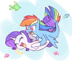 Size: 985x851 | Tagged: safe, alternate version, artist:raridashdoodles, derpibooru import, rainbow dash, rarity, fish, pony, seapony (g4), my little pony: the movie, >:d, female, laughing, lesbian, mare, ocean, raridash, seaponified, seapony rainbow dash, seapony rarity, shipping, species swap, tickling