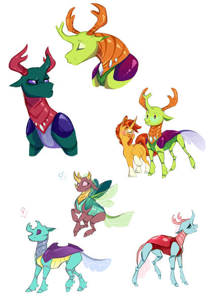 Size: 1280x1792 | Tagged: safe, artist:vindhov, derpibooru import, ocellus, pharynx, sunburst, thorax, changedling, changeling, pony, unicorn, background changeling, blaze (coat marking), changedling brothers, changeling king, crack shipping, female, female symbol, gay, headcanon, king thorax, male, male symbol, prince pharynx, realistic anatomy, shipping, simple background, socks (coat marking), stallion, thoraxburst, white background