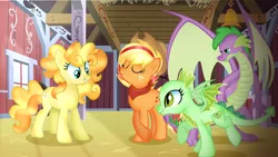 Size: 1600x903 | Tagged: safe, artist:doraeartdreams-aspy, derpibooru import, applejack, spike, oc, oc:ginger gold, oc:peridot appleshine, dracony, dragon, earth pony, hybrid, pony, applejack's hat, applespike, cowboy hat, cutie mark, family, female, hat, interspecies offspring, male, mare, offspring, parent:applejack, parent:spike, parents:applespike, shipping, stetson, straight