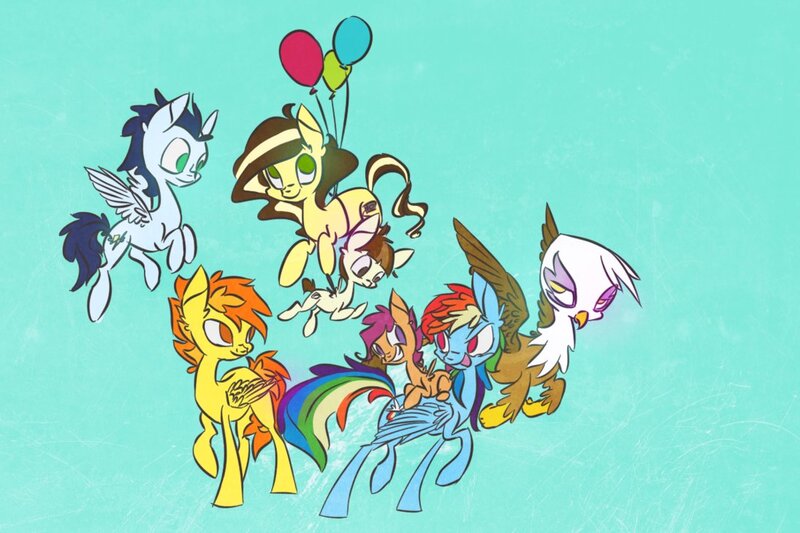 Size: 1095x730 | Tagged: safe, artist:syntactics, derpibooru import, featherweight, gilda, rainbow dash, scootaloo, soarin', spitfire, oc, gryphon, balloon