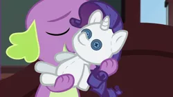 Size: 1280x720 | Tagged: safe, derpibooru import, edit, edited screencap, screencap, rarity, spike, spike the regular dog, dog, equestria girls, equestria girls series, reboxing with spike!, spoiler:eqg series (season 2), crush plush, eyes closed, implied shipping, implied sparity, implied straight, male, paws, plushie, rarity plushie
