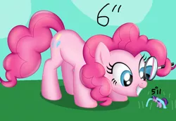 Size: 1024x706 | Tagged: safe, derpibooru import, pinkie pie, twilight sparkle, earth pony, pony, unicorn, 5'11" vs 6'0", crying, eyes closed, female, frown, grin, looking at something, looking down, magnifying glass, manlet, mare, marelet, meme, micro, ocular gushers, open mouth, smiling, squee, unicorn twilight, wat
