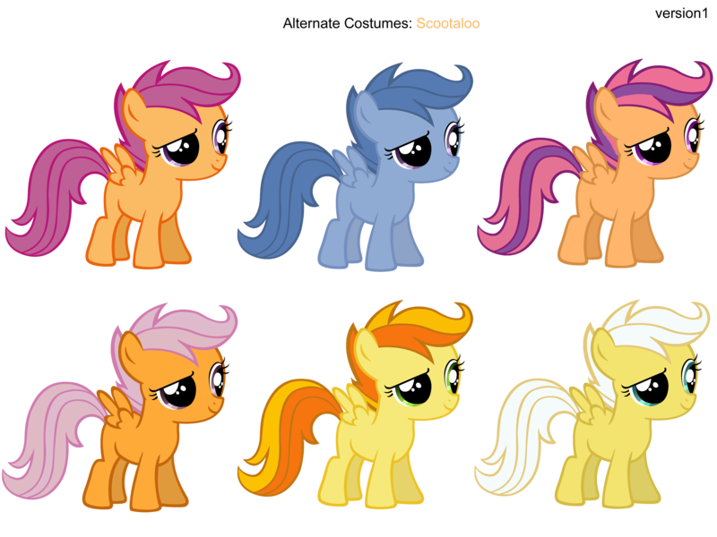 Size: 3600x2700 | Tagged: safe, artist:moongazeponies, artist:pika-robo, derpibooru import, archer (character), peachy pie, scootablue, scootaloo, scootaloo (g3), sunny daze, pegasus, pony, alternate costumes, female, filly, foal, g3, g3 to g4, generation leap, palette swap, recolor, simple background, transparent background