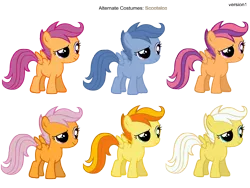 Size: 3600x2700 | Tagged: safe, artist:moongazeponies, artist:pika-robo, derpibooru import, archer (character), peachy pie, scootablue, scootaloo, scootaloo (g3), sunny daze, pegasus, pony, alternate costumes, female, filly, foal, g3, g3 to g4, generation leap, palette swap, recolor, simple background, transparent background