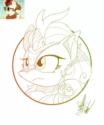 Size: 1085x1300 | Tagged: artist:fuzon-s, autumn blaze, autumn blaze's puppet, bust, cloven hooves, derpibooru import, female, frown, gradient lineart, kirin, portrait, safe, sketch, sounds of silence, style emulation, yuji uekawa style