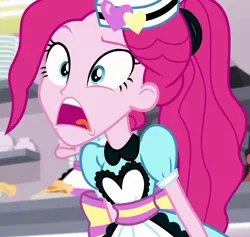 Size: 1136x1077 | Tagged: safe, derpibooru import, screencap, pinkie pie, equestria girls, equestria girls series, five stars, spoiler:eqg series (season 2), apron, clothes, cropped, gasp, open mouth, server pinkie pie, shocked, shop