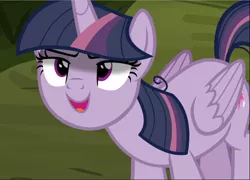 Size: 1306x940 | Tagged: safe, derpibooru import, screencap, mean twilight sparkle, alicorn, pony, the mean 6, >:d, clone, cropped, evil grin, grin, kubrick stare, looking up, open mouth, sinister, smiling, solo