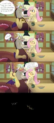 Size: 1280x2880 | Tagged: safe, artist:fuzzypones, derpibooru import, discord, fluttershy, blushing, colored, comic, crackers, dialogue, discoshy, female, fluttershy's cottage (interior), food, fourth wall, giggling, implied kissing, male, shipping, straight, tea