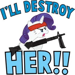 Size: 898x890 | Tagged: safe, artist:sirhcx, derpibooru import, rarity, pony, unicorn, angry, crossover, female, gun, headband, holding, i'll destroy her, m60, machine gun, mare, open mouth, quote, rambo, simple background, solo, transparent background, weapon