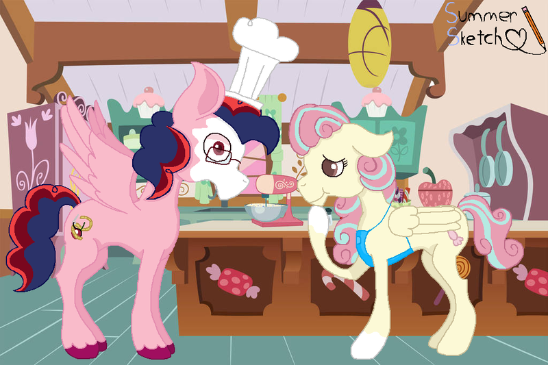 Size: 1024x682 | Tagged: safe, artist:summersketch-mlp, derpibooru import, oc, oc:cherry fizz, oc:fondant kiss, unofficial characters only, pegasus, pony, kindverse, apron, chef's hat, clothes, female, flour, glasses, hat, male, offspring, offspring shipping, offspring's offspring, parent:oc:confetti surprise, parent:oc:lightning bolt, parent:pound cake, parent:princess flurry heart, parents:poundflurry, straight