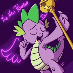 Size: 1024x1024 | Tagged: armpits, artist:elzielai, derpibooru import, dragon, eyes closed, male, neon, open mouth, princess spike (episode), safe, scepter, solo, spike, twilight scepter