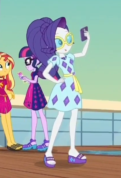 Size: 420x614 | Tagged: safe, derpibooru import, screencap, rarity, sunset shimmer, twilight sparkle, equestria girls, equestria girls series, spring breakdown, spoiler:eqg series (season 2), cropped, feet, female, legs, mobile phone, new outfit, one eye closed, phone, pose, sandals, selfie, smartphone, tongue out, wink