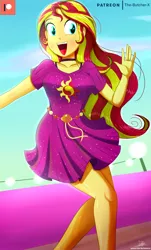 Size: 1204x1992 | Tagged: safe, artist:the-butch-x, derpibooru import, sunset shimmer, equestria girls, equestria girls series, spring breakdown, spoiler:eqg series (season 2), breasts, clothes, cloud, cute, dress, female, happy, legs, open mouth, patreon, patreon logo, shimmerbetes, signature, skirt, sky, smiling, solo
