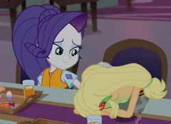 Size: 1016x738 | Tagged: safe, derpibooru import, screencap, applejack, rarity, equestria girls, equestria girls series, spring breakdown, spoiler:eqg series (season 2), caress, compassion, duo, female, green face, seasickness, shipping fuel, sick, stare, table