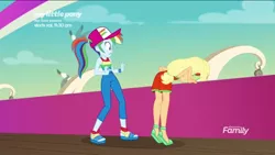 Size: 1136x640 | Tagged: safe, derpibooru import, screencap, applejack, rainbow dash, equestria girls, equestria girls series, spring breakdown, spoiler:eqg series (season 2), green face, seasickness, sick, sleeveless, vomit, vomiting