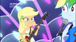 Size: 1136x640 | Tagged: safe, derpibooru import, screencap, applejack, rainbow dash, equestria girls, equestria girls series, spring breakdown, spoiler:eqg series (season 2), all good (song), bass guitar, green face, microphone, musical instrument, sick, sleeveless, smiling, trying to smile