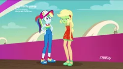 Size: 1136x640 | Tagged: safe, derpibooru import, screencap, applejack, rainbow dash, equestria girls, equestria girls series, spring breakdown, spoiler:eqg series (season 2), green face, hands on hip, relaxed face, seasickness, sick, sleeveless