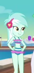 Size: 212x448 | Tagged: safe, derpibooru import, screencap, lyra heartstrings, equestria girls, equestria girls series, spring breakdown, spoiler:eqg series (season 2), belly button, bikini, clothes, cropped, hands on hip, headphones, midriff, sleeveless, swimsuit, water