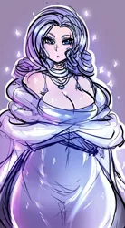 Size: 806x1457 | Tagged: :<, artist:maniacpaint, bedroom eyes, blushing, breast hold, breasts, busty rarity, cleavage, clothes, crystallized, crystal pony, curvy, derpibooru import, dress, female, frown, human, humanized, looking at you, rarity, solo, solo female, sparkles, suggestive, wide hips