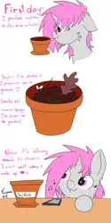 Size: 3000x6000 | Tagged: safe, artist:fajnyziomal, derpibooru import, oc, oc:purple light, unofficial characters only, pony, unicorn, comic:świstek, cheek fluff, ear fluff, female, floppy ears, flower pot, mare, mobile phone, music, music notes, phone, planting, seed, solo