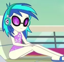 Size: 338x329 | Tagged: safe, derpibooru import, derpy hooves, vinyl scratch, equestria girls, equestria girls series, spring breakdown, spoiler:eqg series (season 2), beach chair, clothes, headphones, lounging, offscreen character, sandals, sitting, sun bathing, sunglasses, swimsuit