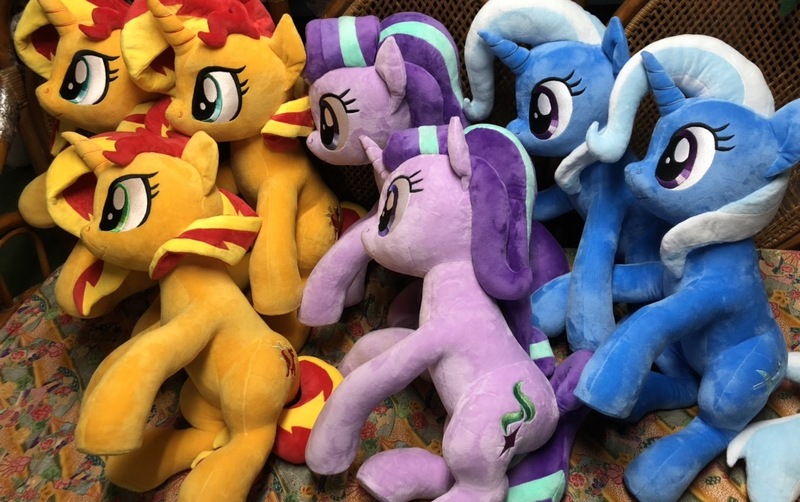 Size: 1478x928 | Tagged: safe, artist:nekokevin, derpibooru import, starlight glimmer, sunset shimmer, trixie, pony, unicorn, series:nekokevin's glimmy, cute, duality, female, irl, magical trio, mare, multeity, photo, plushie, self ponidox, shimmerstorm, simple background, smiling, starlight cluster, triality, trio, trixie army, white background