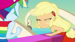 Size: 800x450 | Tagged: safe, derpibooru import, screencap, applejack, rainbow dash, equestria girls, equestria girls series, spring breakdown, spoiler:eqg series (season 2), animated, geode of super strength, glare, magical geodes, out of context, sleeveless, this will end in pain