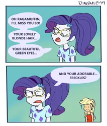 Size: 1024x1200 | Tagged: safe, artist:dimbulb, derpibooru import, applejack, rarity, equestria girls, equestria girls series, spring breakdown, spoiler:eqg series (season 2), comic, female, glasses, gradient background, implied lesbian, implied ragamuffin, implied rarijack, implied shipping