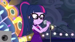 Size: 1920x1080 | Tagged: safe, derpibooru import, screencap, sci-twi, twilight sparkle, equestria girls, equestria girls series, spring breakdown, spoiler:eqg series (season 2), all good (song), microphone, singing, sleeveless, solo