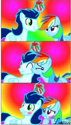 Size: 720x1259 | Tagged: safe, artist:mlplary6, derpibooru import, rainbow dash, soarin', pony, blushing, female, holly, holly mistaken for mistletoe, kiss on the cheek, kissing, male, neon colors, safety goggles, shipping, soarindash, straight