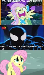 Size: 957x1618 | Tagged: derpibooru import, flutterrage, fluttershy, love me, safe, spider-man, vulgar, you're going to love me