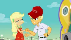 Size: 888x500 | Tagged: safe, derpibooru import, edit, edited screencap, screencap, applejack, ragamuffin (equestria girls), equestria girls, equestria girls series, spring breakdown, spoiler:eqg series (season 2), donald trump, female, maga hat, magamuffin, make america great again, male, mouthpiece, politics, pun, wordplay