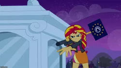 Size: 888x500 | Tagged: safe, derpibooru import, edit, edited screencap, screencap, sunset shimmer, equestria girls, equestria girls (movie), april fools, april fools 2019, article 13, clothes, evil grin, female, glare, grin, hammer, looking at you, meta, reaching, skirt, smiling, smirk, solo, statue