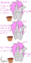 Size: 3000x6000 | Tagged: safe, artist:fajnyziomal, derpibooru import, oc, oc:purple light, unofficial characters only, pony, unicorn, comic:świstek, cheek fluff, cute, female, flower pot, mare, shoulder fluff, solo, text, waiting