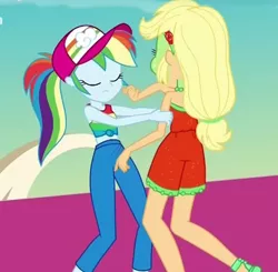 Size: 640x628 | Tagged: safe, derpibooru import, screencap, applejack, rainbow dash, equestria girls, equestria girls series, spring breakdown, spoiler:eqg series (season 2), clothes, green face, puffy cheeks, seasickness, sick, sleeveless, tanktop