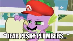 Size: 640x360 | Tagged: cap, cd-i, derpibooru import, edit, edited screencap, facial hair, hat, hotel mario, mario, mario's hat, moustache, nintendo, safe, screencap, spike, super mario bros., youtube poop