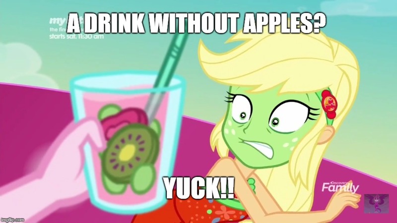 Size: 888x499 | Tagged: safe, derpibooru import, edit, edited screencap, screencap, applejack, pinkie pie, equestria girls, equestria girls series, spring breakdown, spoiler:eqg series (season 2), apple, caption, clothes, cup, dishonorapple, dress, drink, food, fruit, glass, green face, image macro, kiwi fruit, meme, punch (drink), punch bowl, seasickness, straw, text, that pony sure does love apples, yuck