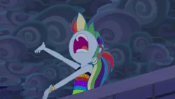 Size: 1920x1080 | Tagged: safe, derpibooru import, screencap, rainbow dash, equestria girls, equestria girls series, spring breakdown, spoiler:eqg series (season 2), cloud, cloudy, dark, nose in the air, outstretched arms, rainbow dash is best facemaker, sleeveless, yelling