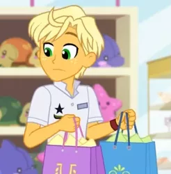 Size: 581x591 | Tagged: safe, derpibooru import, screencap, ragamuffin (equestria girls), equestria girls, equestria girls series, spring breakdown, spoiler:eqg series (season 2), arms, clothes, cropped, freckles, male, shopping bags