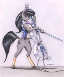 Size: 1100x1338 | Tagged: safe, artist:baron engel, derpibooru import, octavia melody, vinyl scratch, earth pony, semi-anthro, bipedal, bipedal leaning, bow (instrument), cello, cello bow, clothes, colored pencil drawing, electric cello, featureless crotch, female, hoof hold, leaning, mare, musical instrument, plushie, solo, spats, traditional art, vest