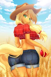 Size: 1000x1500 | Tagged: safe, artist:gyuumu, derpibooru import, applejack, anthro, earth pony, apple, applejack's hat, breasts, busty applejack, clothes, cloud, cowboy hat, cute, daisy dukes, female, food, freckles, front knot midriff, hat, hay, image, jackabetes, looking at you, looking back, looking back at you, midriff, png, shorts, sky, smiling, solo, watermark