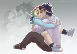 Size: 4960x3507 | Tagged: safe, artist:kikirdcz, derpibooru import, rainbow dash, soarin', human, clothes, converse, eyes closed, female, hoodie, humanized, male, pants, shipping, shoes, sneakers, soarindash, straight, zoom layer