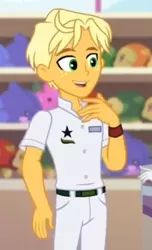 Size: 364x600 | Tagged: safe, derpibooru import, screencap, ragamuffin (equestria girls), equestria girls, equestria girls series, spring breakdown, spoiler:eqg series (season 2), arms, clothes, cropped, freckles, pants, smiling, solo